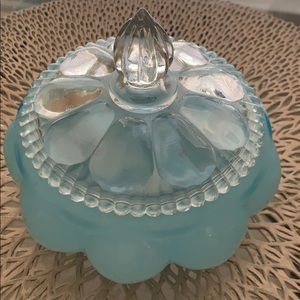 Baby blue vintage glass candy dish and clear lid